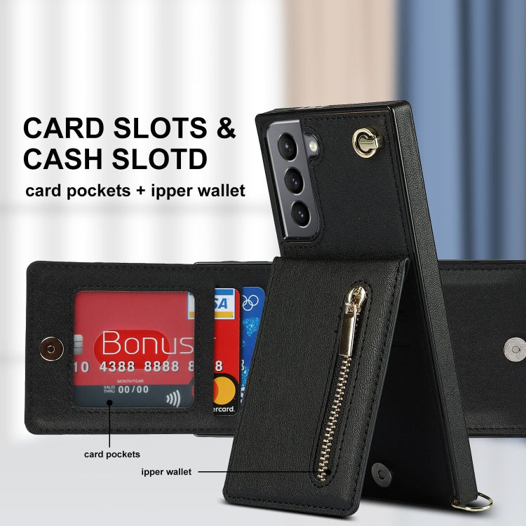 For Samsung Galaxy S21 5G Cross-body Zipper Square TPU+PU Back Cover Case with Holder & Card Slots & Wallet & Strap