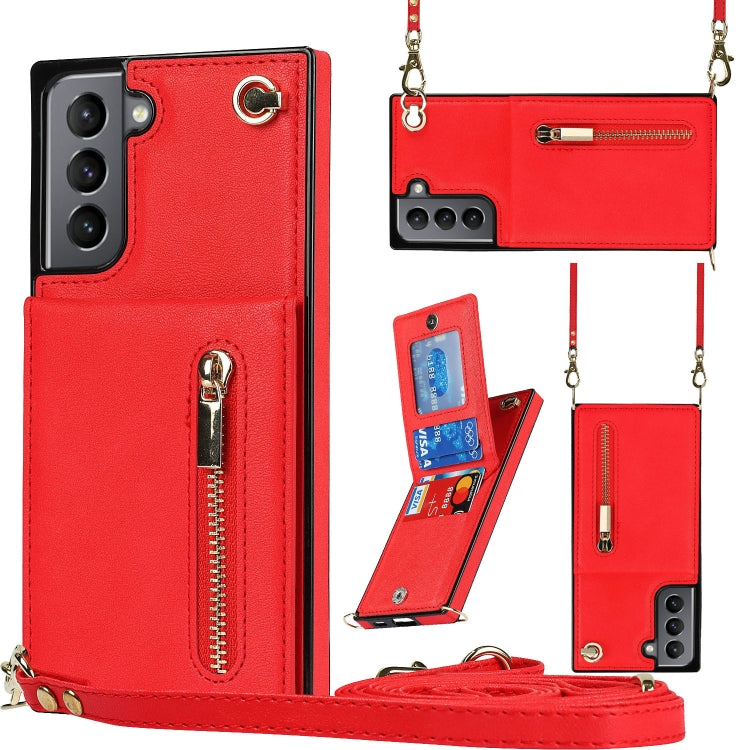 For Samsung Galaxy S21 5G Cross-body Zipper Square TPU+PU Back Cover Case with Holder & Card Slots & Wallet & Strap