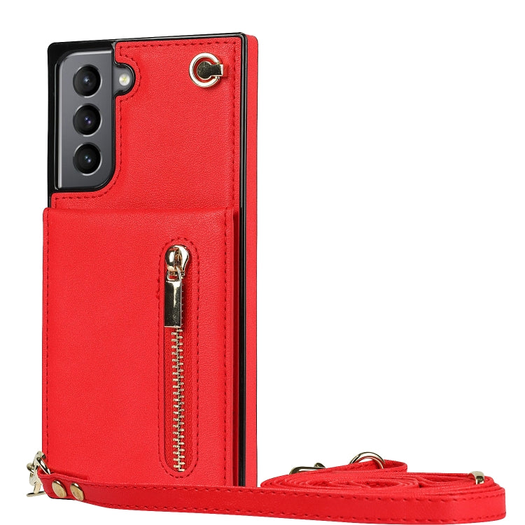For Samsung Galaxy S21 5G Cross-body Zipper Square TPU+PU Back Cover Case with Holder & Card Slots & Wallet & Strap