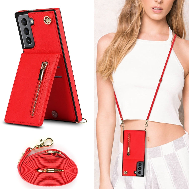For Samsung Galaxy S21 5G Cross-body Zipper Square TPU+PU Back Cover Case with Holder & Card Slots & Wallet & Strap