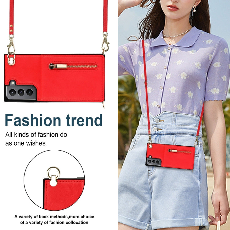 For Samsung Galaxy S21 5G Cross-body Zipper Square TPU+PU Back Cover Case with Holder & Card Slots & Wallet & Strap