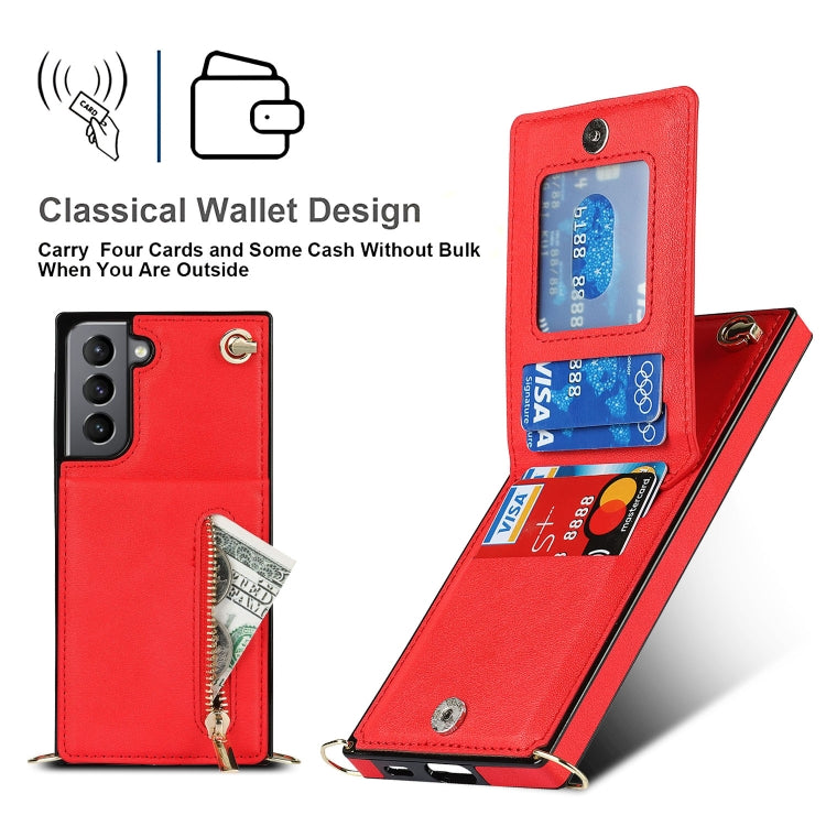 For Samsung Galaxy S21 5G Cross-body Zipper Square TPU+PU Back Cover Case with Holder & Card Slots & Wallet & Strap