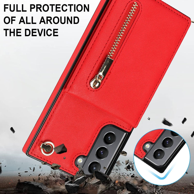 For Samsung Galaxy S21 5G Cross-body Zipper Square TPU+PU Back Cover Case with Holder & Card Slots & Wallet & Strap