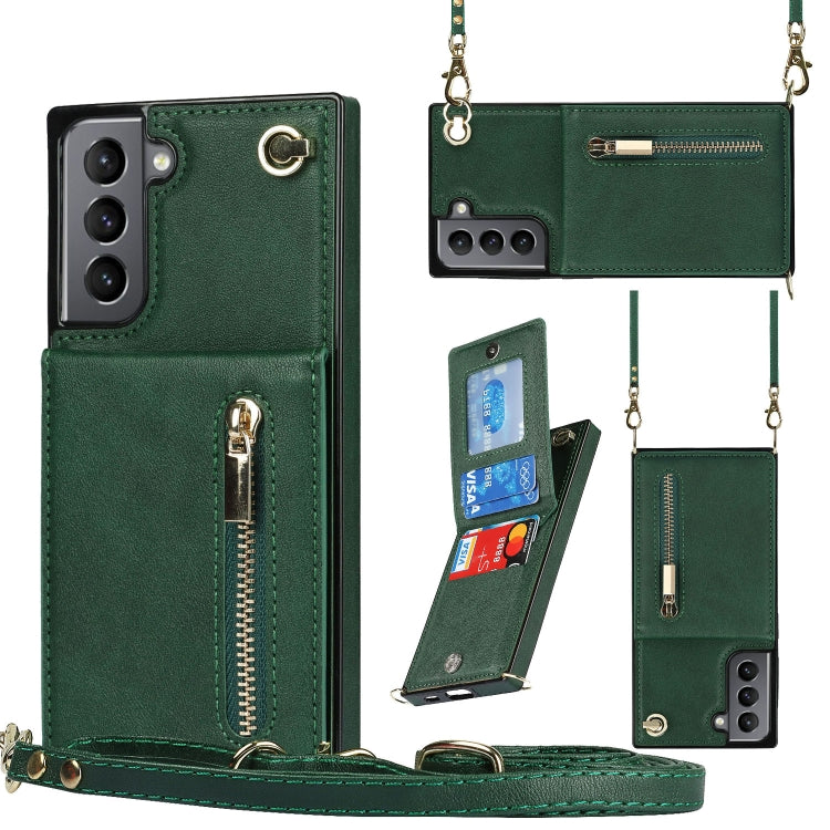 For Samsung Galaxy S21 5G Cross-body Zipper Square TPU+PU Back Cover Case with Holder & Card Slots & Wallet & Strap