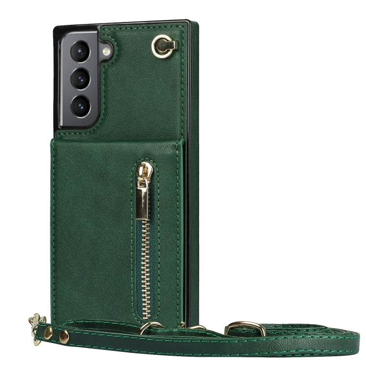 For Samsung Galaxy S21 5G Cross-body Zipper Square TPU+PU Back Cover Case with Holder & Card Slots & Wallet & Strap