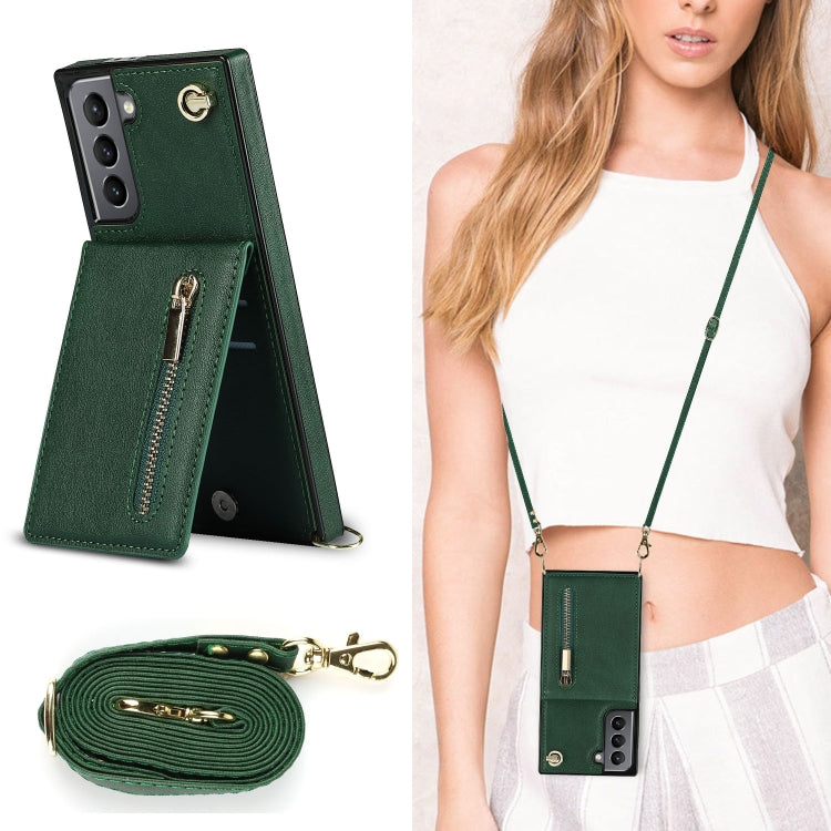 For Samsung Galaxy S21 5G Cross-body Zipper Square TPU+PU Back Cover Case with Holder & Card Slots & Wallet & Strap