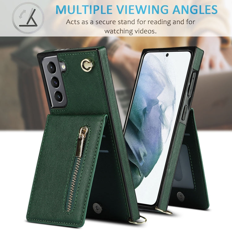 For Samsung Galaxy S21 5G Cross-body Zipper Square TPU+PU Back Cover Case with Holder & Card Slots & Wallet & Strap