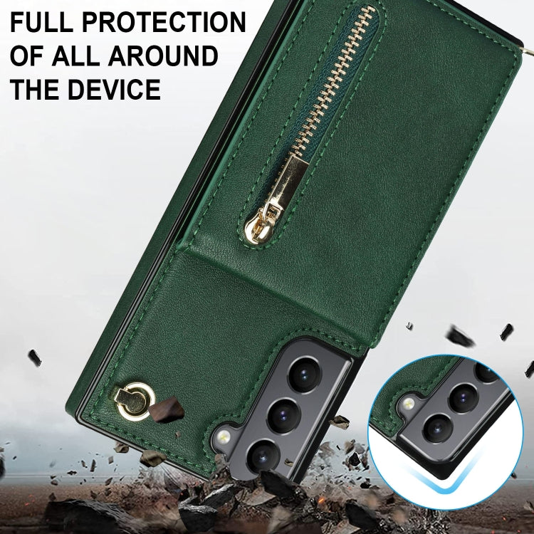 For Samsung Galaxy S21 5G Cross-body Zipper Square TPU+PU Back Cover Case with Holder & Card Slots & Wallet & Strap