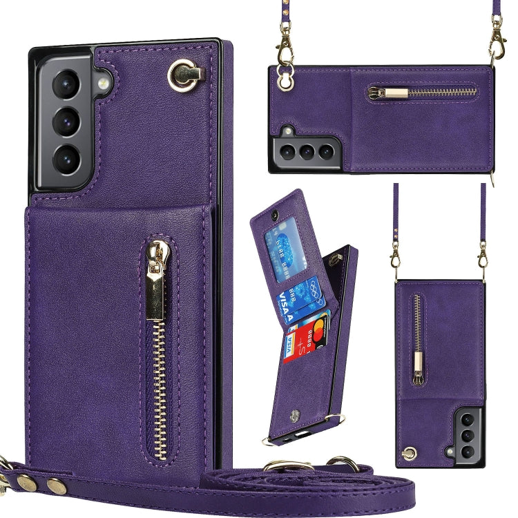 For Samsung Galaxy S21 5G Cross-body Zipper Square TPU+PU Back Cover Case with Holder & Card Slots & Wallet & Strap