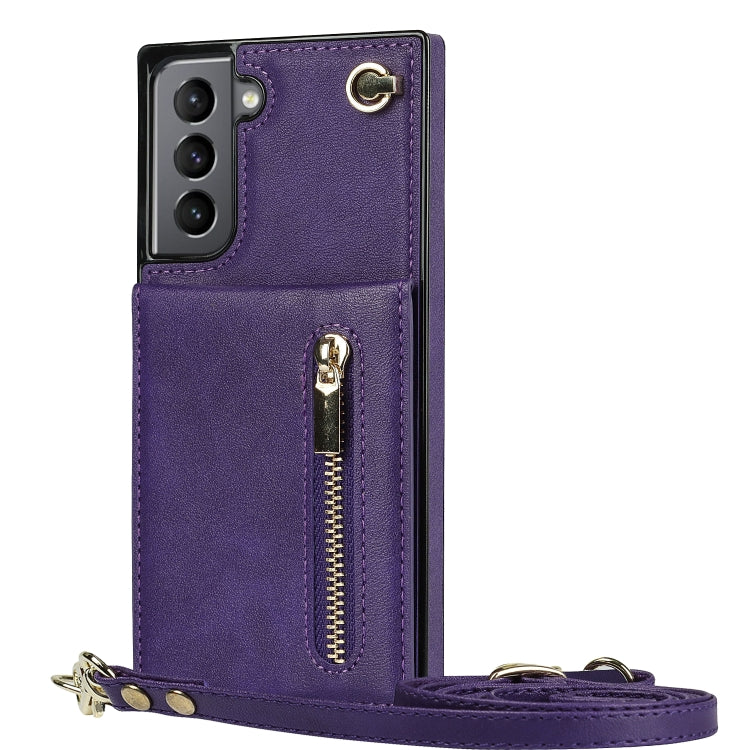 For Samsung Galaxy S21 5G Cross-body Zipper Square TPU+PU Back Cover Case with Holder & Card Slots & Wallet & Strap