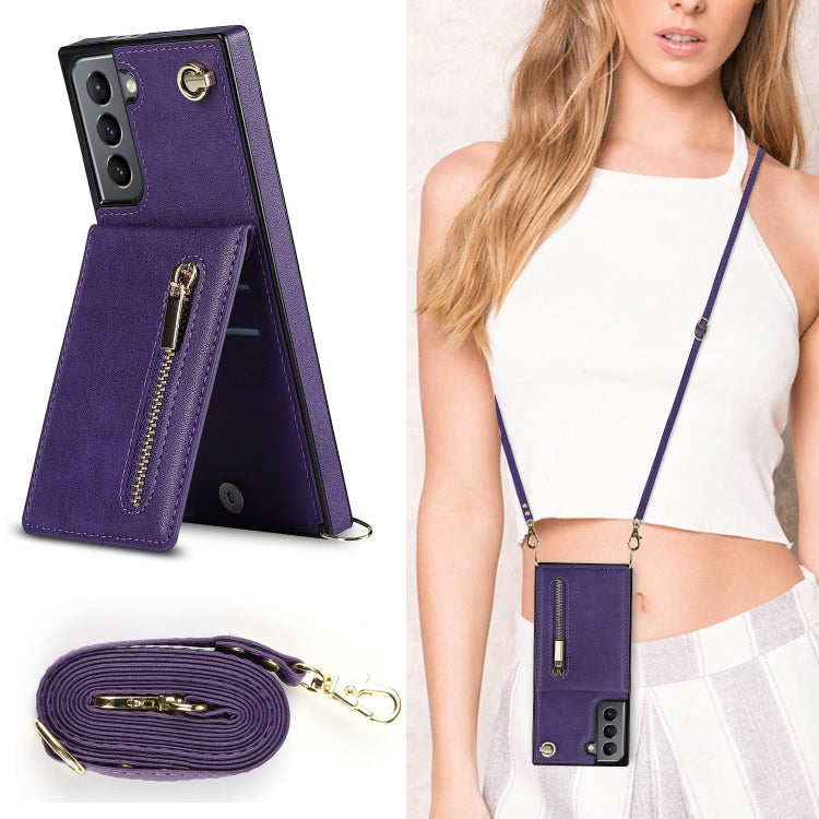 For Samsung Galaxy S21 5G Cross-body Zipper Square TPU+PU Back Cover Case with Holder & Card Slots & Wallet & Strap