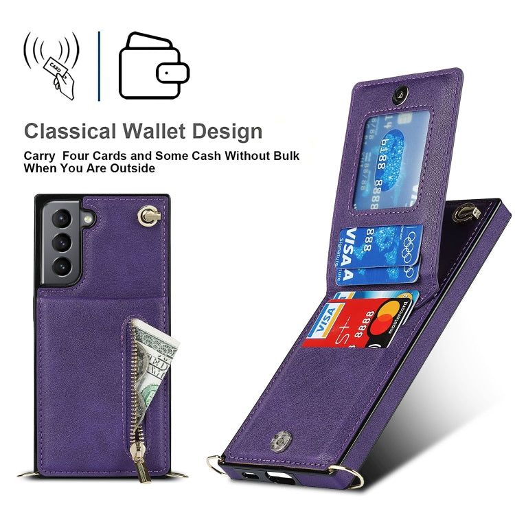 For Samsung Galaxy S21 5G Cross-body Zipper Square TPU+PU Back Cover Case with Holder & Card Slots & Wallet & Strap