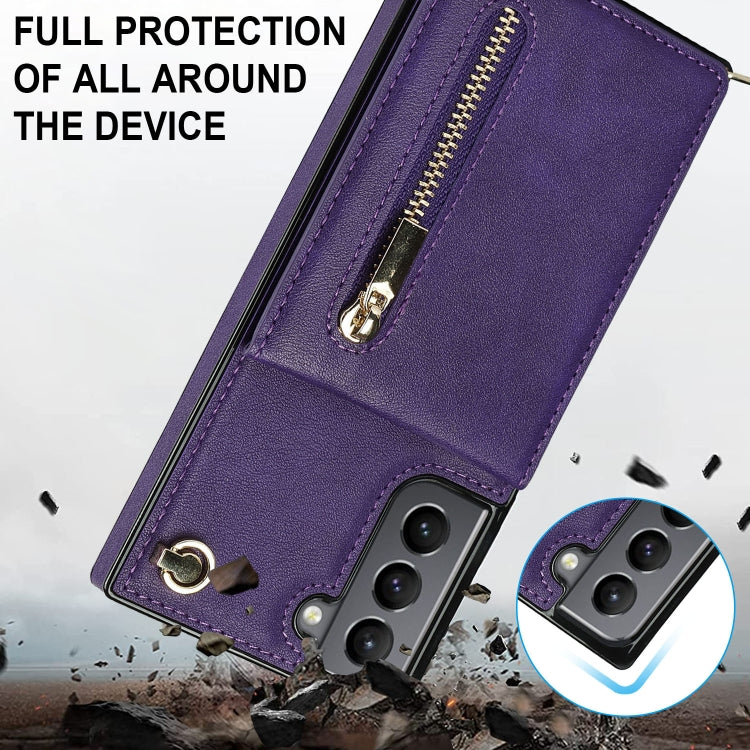 For Samsung Galaxy S21 5G Cross-body Zipper Square TPU+PU Back Cover Case with Holder & Card Slots & Wallet & Strap