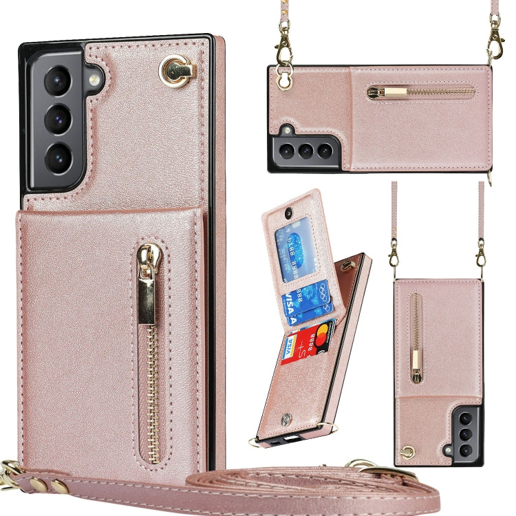 For Samsung Galaxy S21 5G Cross-body Zipper Square TPU+PU Back Cover Case with Holder & Card Slots & Wallet & Strap