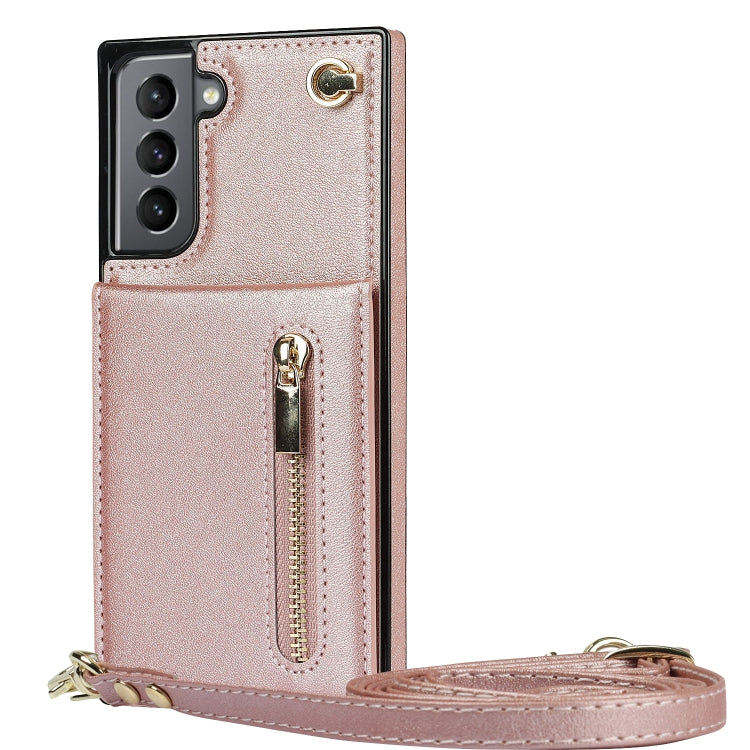 For Samsung Galaxy S21 5G Cross-body Zipper Square TPU+PU Back Cover Case with Holder & Card Slots & Wallet & Strap