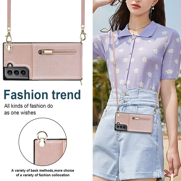 For Samsung Galaxy S21 5G Cross-body Zipper Square TPU+PU Back Cover Case with Holder & Card Slots & Wallet & Strap