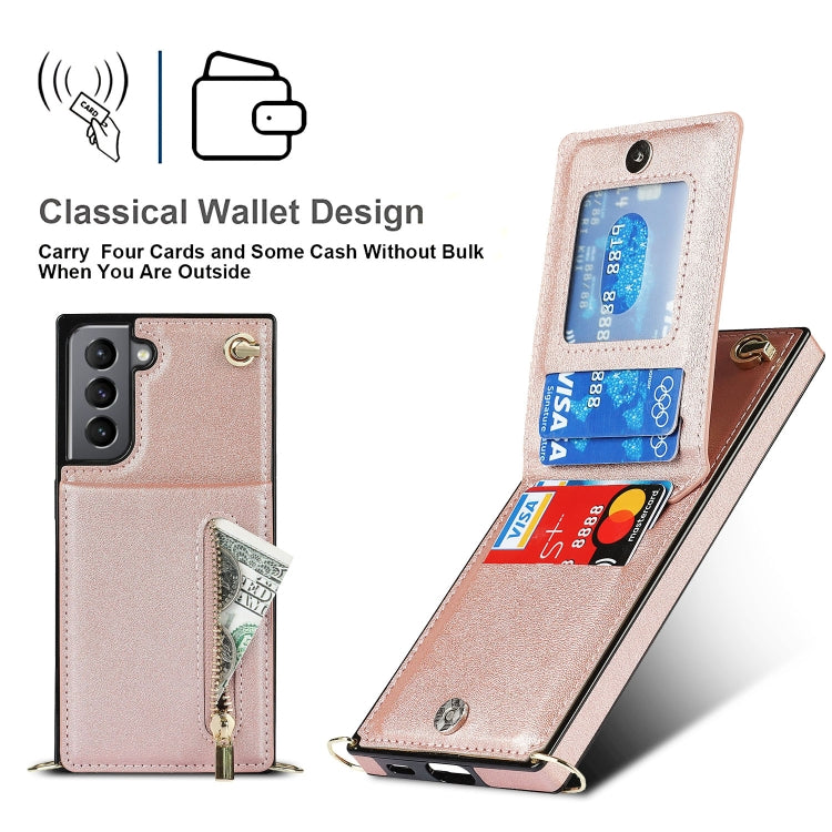 For Samsung Galaxy S21 5G Cross-body Zipper Square TPU+PU Back Cover Case with Holder & Card Slots & Wallet & Strap