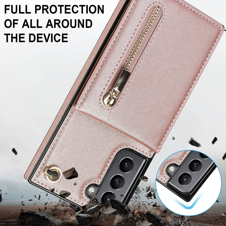 For Samsung Galaxy S21 5G Cross-body Zipper Square TPU+PU Back Cover Case with Holder & Card Slots & Wallet & Strap