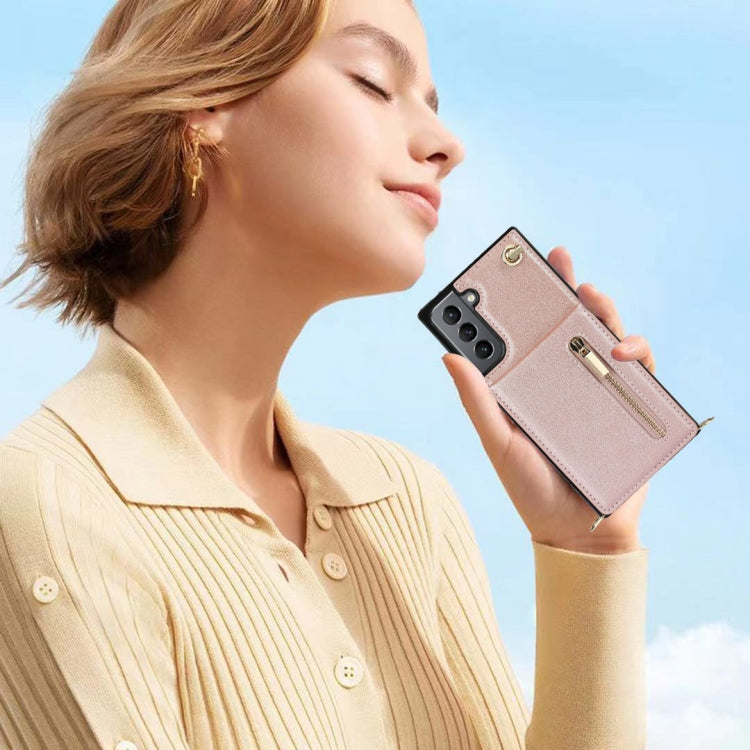For Samsung Galaxy S21 5G Cross-body Zipper Square TPU+PU Back Cover Case with Holder & Card Slots & Wallet & Strap