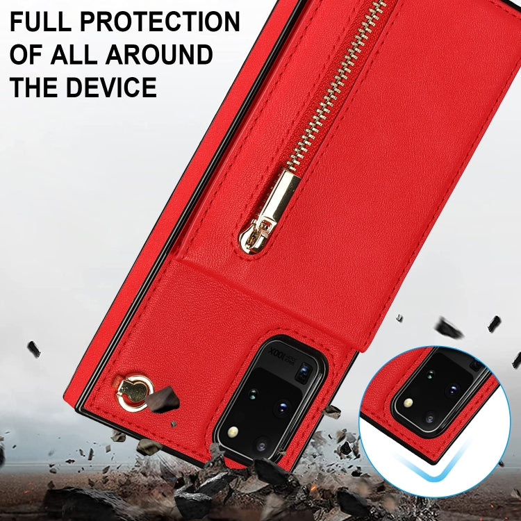 For Samsung Galaxy S20 Ultra Cross-body Zipper Square TPU+PU Back Cover Case with Holder & Card Slots & Wallet & Strap
