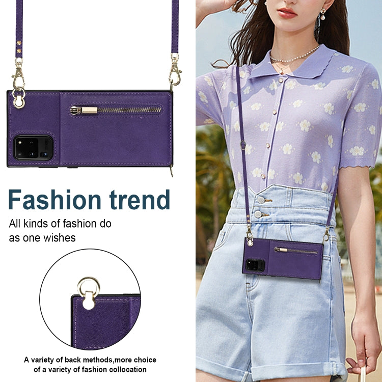 For Samsung Galaxy S20 Ultra Cross-body Zipper Square TPU+PU Back Cover Case with Holder & Card Slots & Wallet & Strap