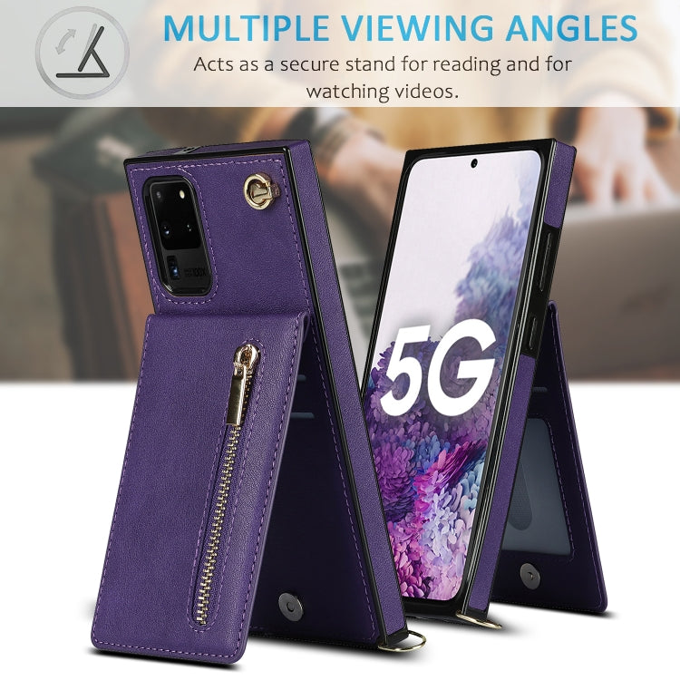 For Samsung Galaxy S20 Ultra Cross-body Zipper Square TPU+PU Back Cover Case with Holder & Card Slots & Wallet & Strap
