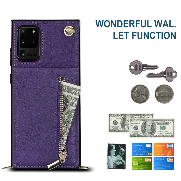 For Samsung Galaxy S20 Ultra Cross-body Zipper Square TPU+PU Back Cover Case with Holder & Card Slots & Wallet & Strap