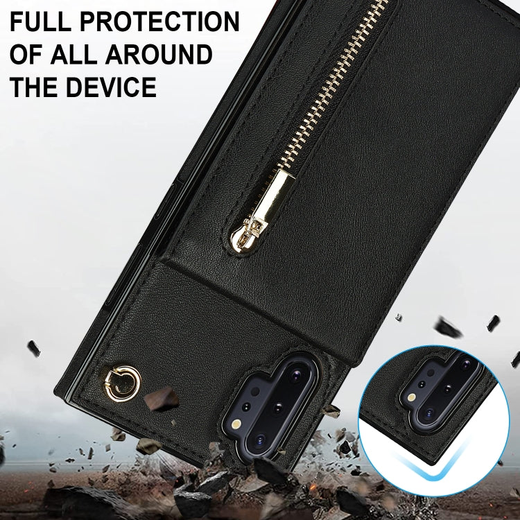 For Samsung Galaxy Note10+ Cross-body Zipper Square TPU+PU Back Cover Case with Holder & Card Slots & Wallet & Strap