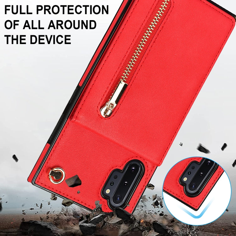 For Samsung Galaxy Note10+ Cross-body Zipper Square TPU+PU Back Cover Case with Holder & Card Slots & Wallet & Strap