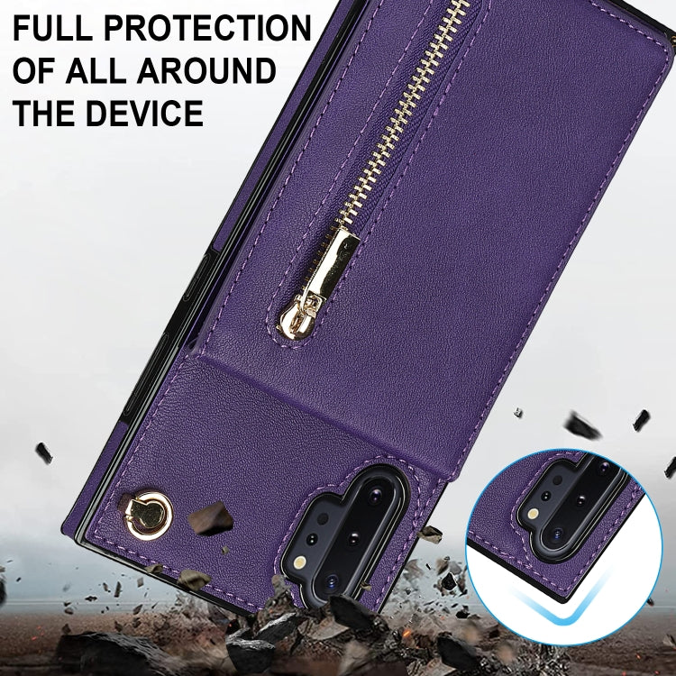 For Samsung Galaxy Note10+ Cross-body Zipper Square TPU+PU Back Cover Case with Holder & Card Slots & Wallet & Strap