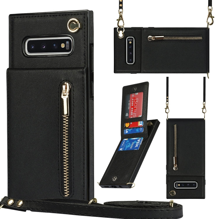 For Samsung Galaxy S10 Plus Cross-body Zipper Square TPU+PU Back Cover Case with Holder & Card Slots & Wallet & Strap