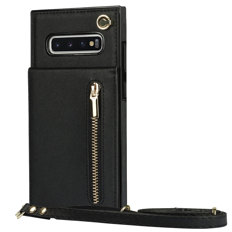 For Samsung Galaxy S10 Plus Cross-body Zipper Square TPU+PU Back Cover Case with Holder & Card Slots & Wallet & Strap