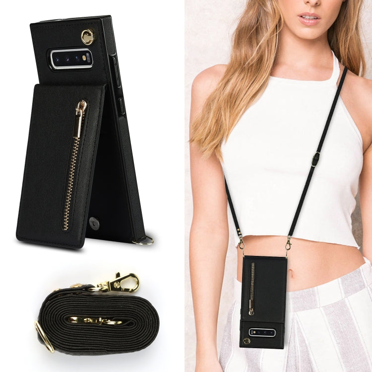 For Samsung Galaxy S10 Plus Cross-body Zipper Square TPU+PU Back Cover Case with Holder & Card Slots & Wallet & Strap