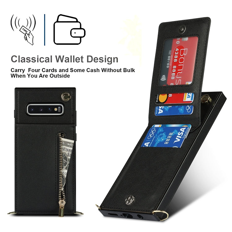 For Samsung Galaxy S10 Plus Cross-body Zipper Square TPU+PU Back Cover Case with Holder & Card Slots & Wallet & Strap