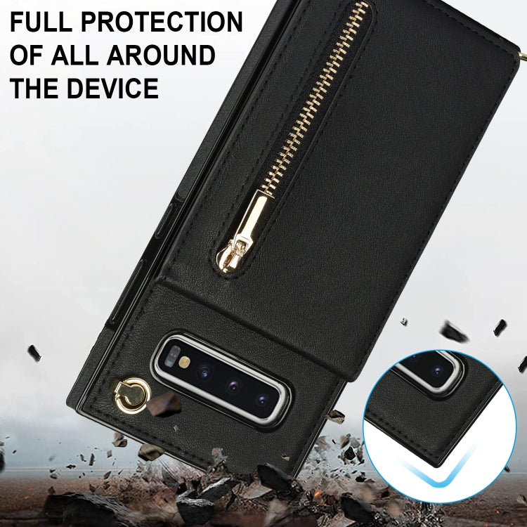 For Samsung Galaxy S10 Plus Cross-body Zipper Square TPU+PU Back Cover Case with Holder & Card Slots & Wallet & Strap