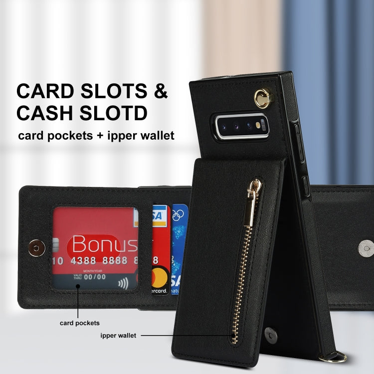 For Samsung Galaxy S10 Plus Cross-body Zipper Square TPU+PU Back Cover Case with Holder & Card Slots & Wallet & Strap