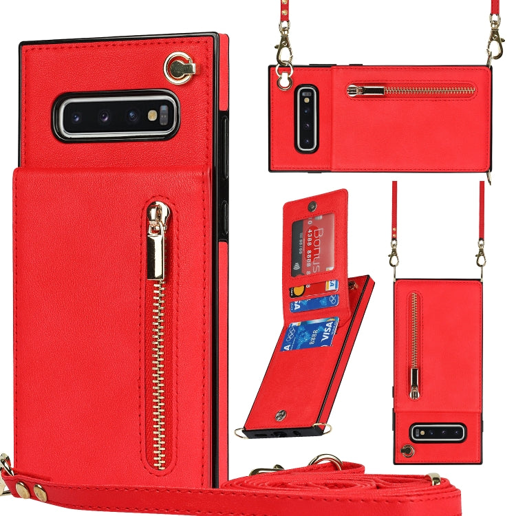 For Samsung Galaxy S10 Plus Cross-body Zipper Square TPU+PU Back Cover Case with Holder & Card Slots & Wallet & Strap