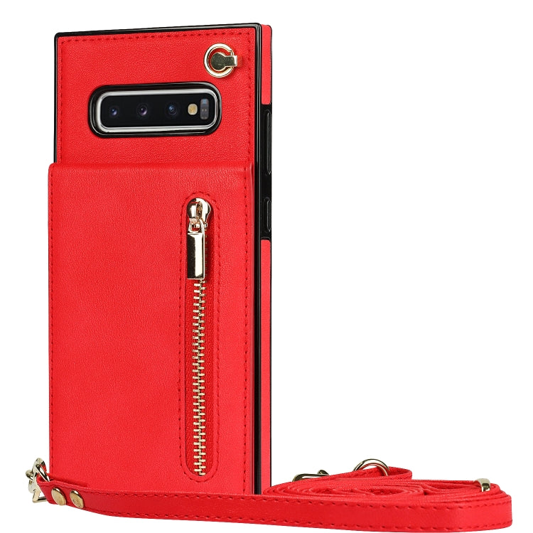 For Samsung Galaxy S10 Plus Cross-body Zipper Square TPU+PU Back Cover Case with Holder & Card Slots & Wallet & Strap