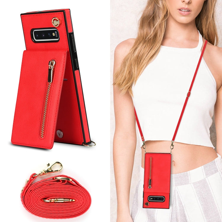 For Samsung Galaxy S10 Plus Cross-body Zipper Square TPU+PU Back Cover Case with Holder & Card Slots & Wallet & Strap