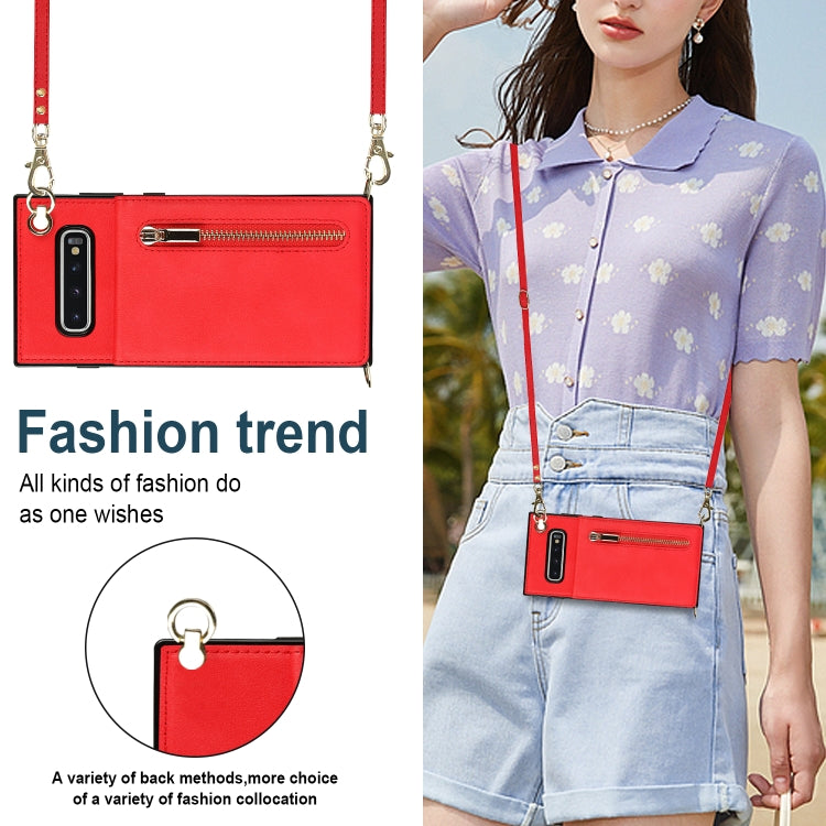 For Samsung Galaxy S10 Plus Cross-body Zipper Square TPU+PU Back Cover Case with Holder & Card Slots & Wallet & Strap