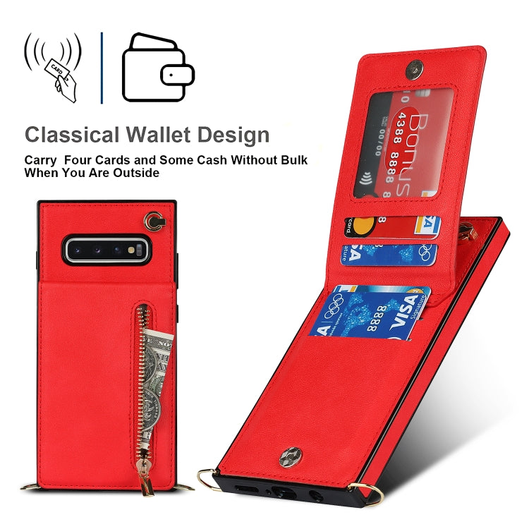 For Samsung Galaxy S10 Plus Cross-body Zipper Square TPU+PU Back Cover Case with Holder & Card Slots & Wallet & Strap