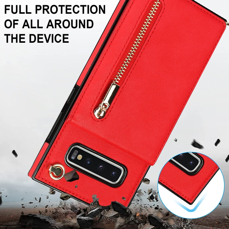 For Samsung Galaxy S10 Plus Cross-body Zipper Square TPU+PU Back Cover Case with Holder & Card Slots & Wallet & Strap