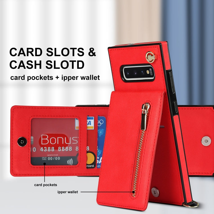 For Samsung Galaxy S10 Plus Cross-body Zipper Square TPU+PU Back Cover Case with Holder & Card Slots & Wallet & Strap