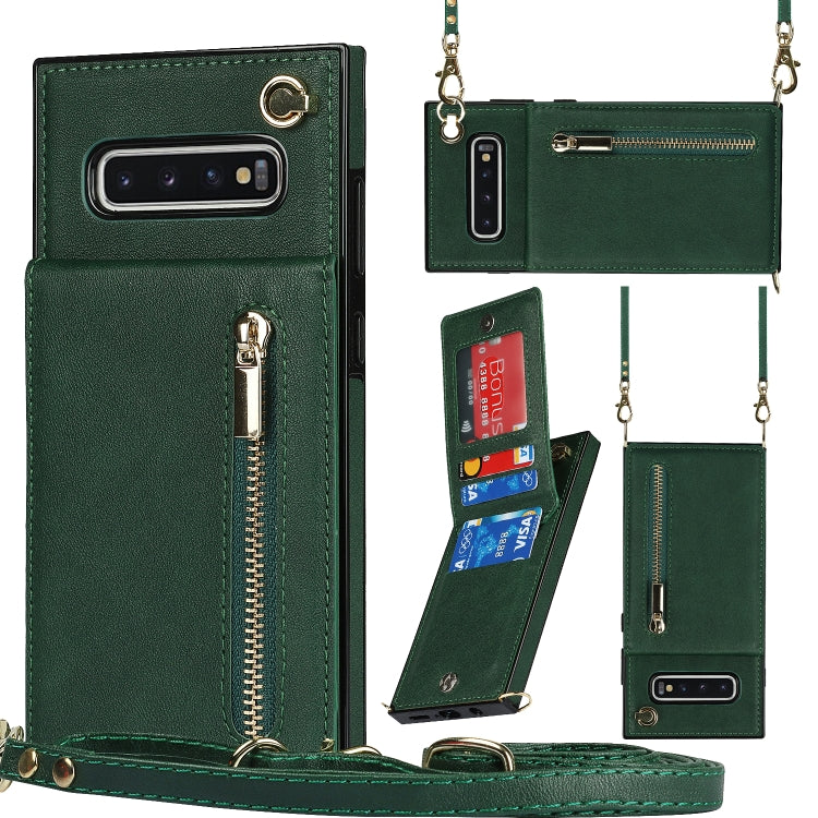 For Samsung Galaxy S10 Plus Cross-body Zipper Square TPU+PU Back Cover Case with Holder & Card Slots & Wallet & Strap