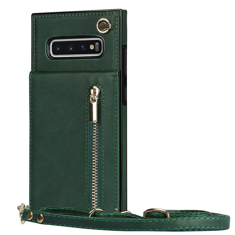 For Samsung Galaxy S10 Plus Cross-body Zipper Square TPU+PU Back Cover Case with Holder & Card Slots & Wallet & Strap