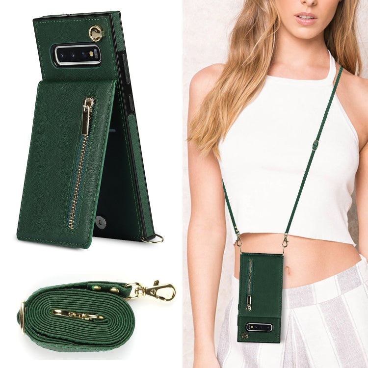 For Samsung Galaxy S10 Plus Cross-body Zipper Square TPU+PU Back Cover Case with Holder & Card Slots & Wallet & Strap
