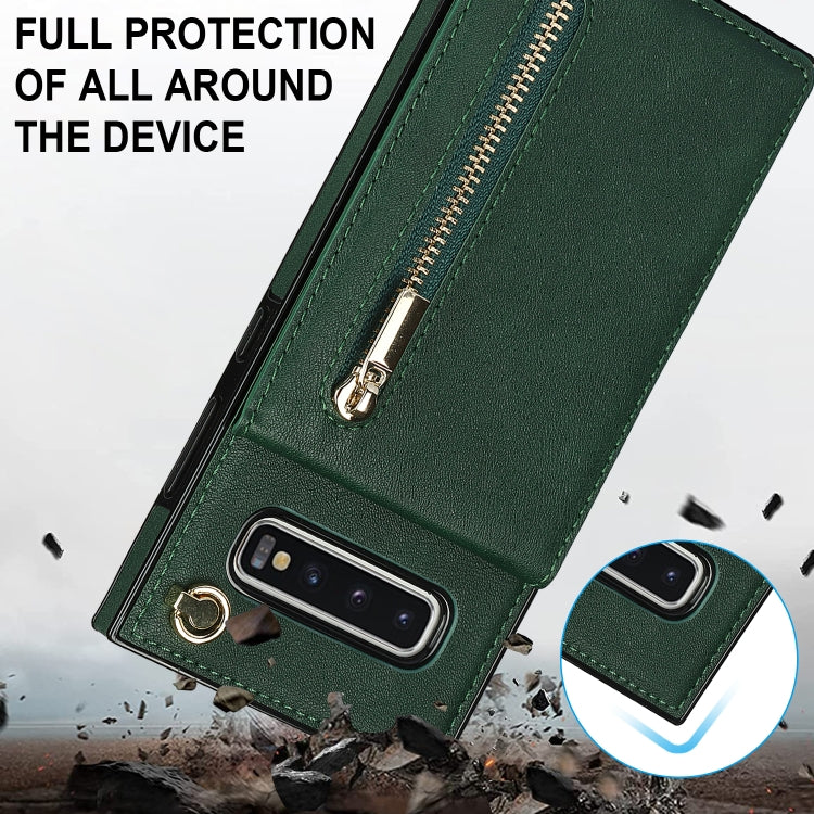 For Samsung Galaxy S10 Plus Cross-body Zipper Square TPU+PU Back Cover Case with Holder & Card Slots & Wallet & Strap