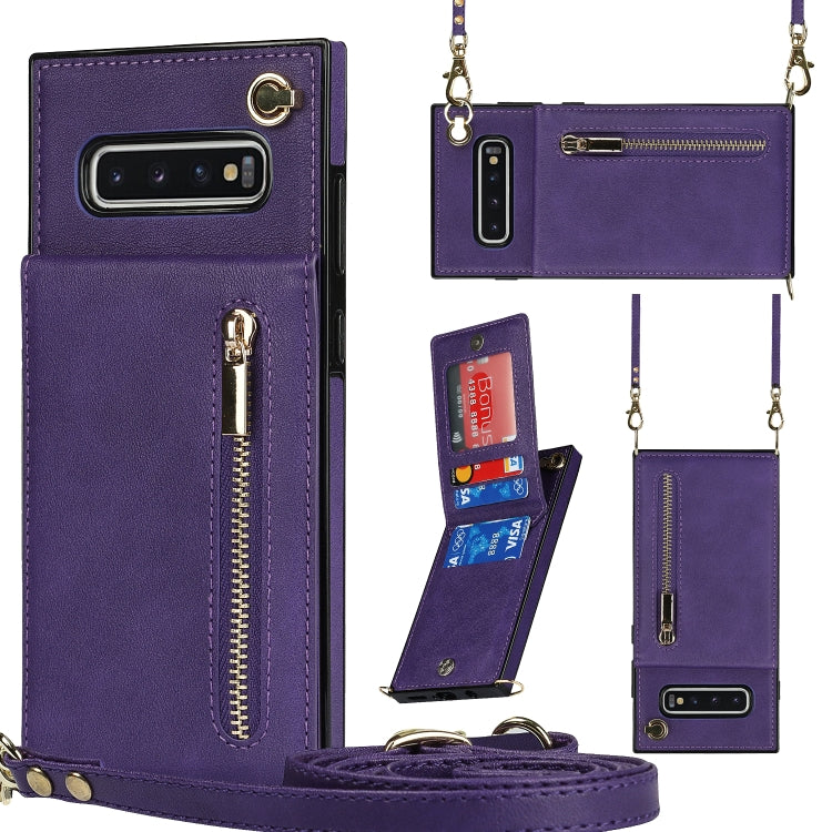 For Samsung Galaxy S10 Plus Cross-body Zipper Square TPU+PU Back Cover Case with Holder & Card Slots & Wallet & Strap