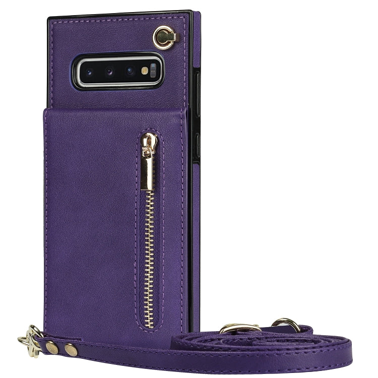For Samsung Galaxy S10 Plus Cross-body Zipper Square TPU+PU Back Cover Case with Holder & Card Slots & Wallet & Strap