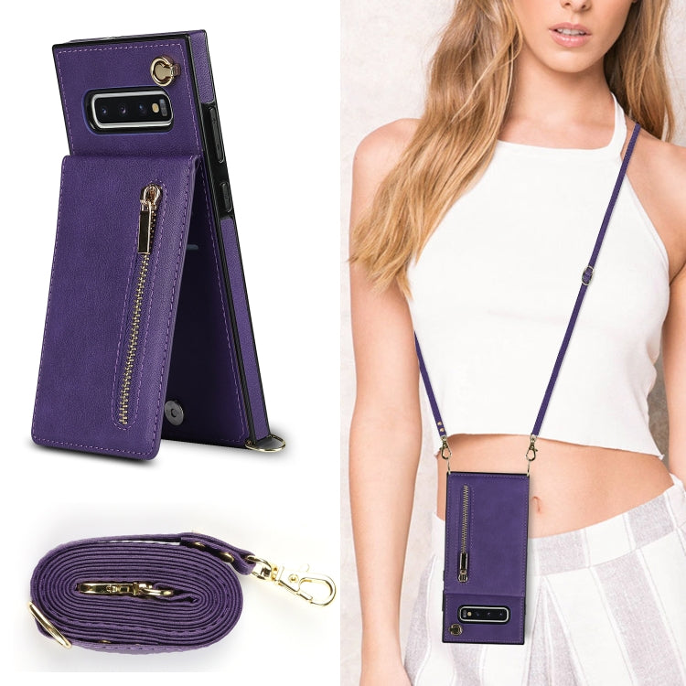 For Samsung Galaxy S10 Plus Cross-body Zipper Square TPU+PU Back Cover Case with Holder & Card Slots & Wallet & Strap